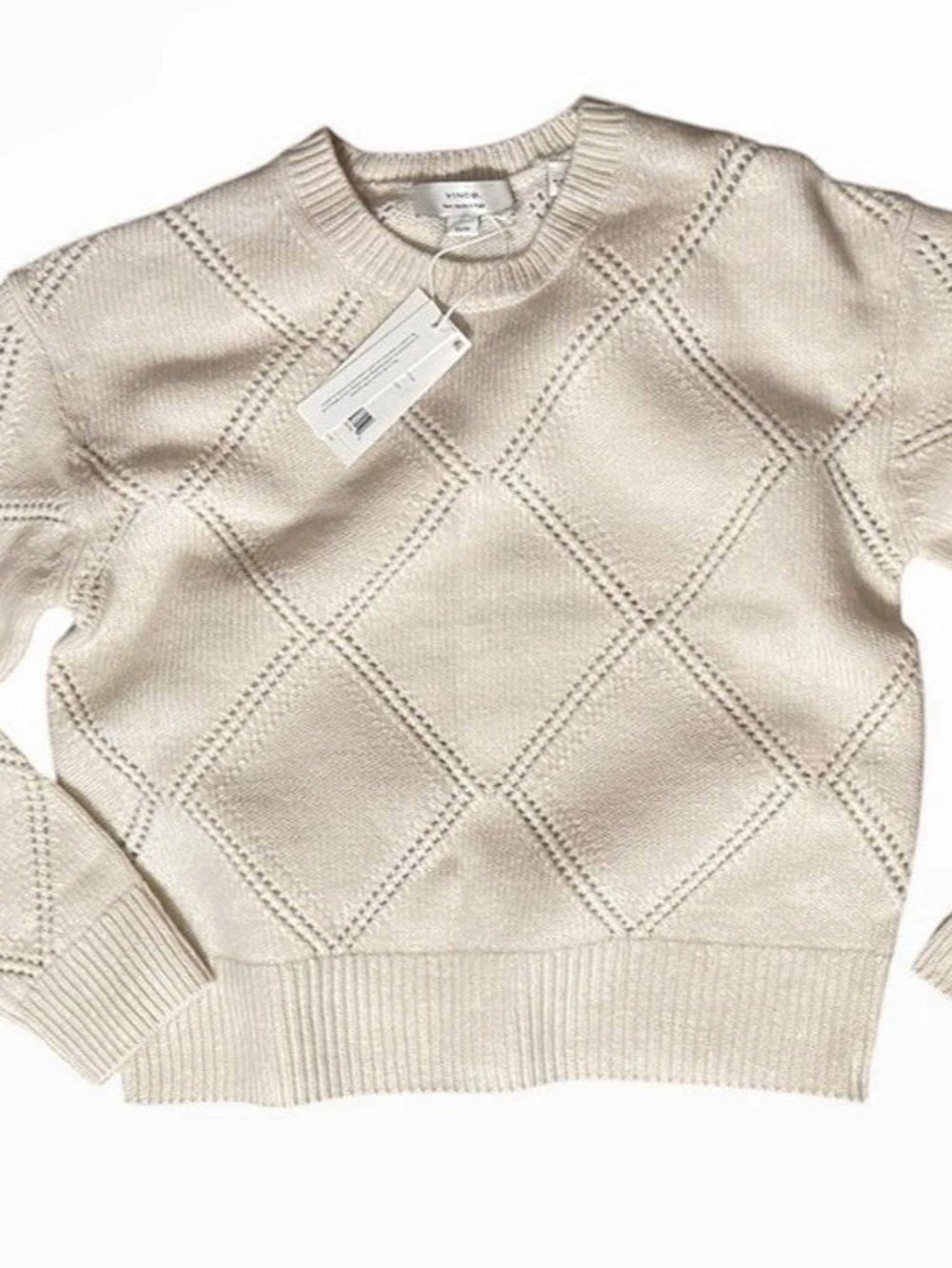 Vince. Hand-Cut Diamond Cable Wool Sweater. Cream XS